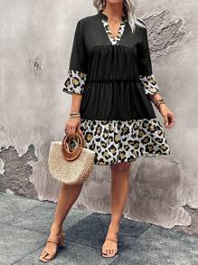 Plus Size Leopard Print V-Neck Ruffle Hem Casual Dress - Multicolor - View 5