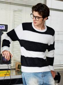 Manfinity Roghcode Áo len chui đầu nam kẻ sọc đen trắng kiểu dáng thường ngày - Nhiều màu - Xem 4