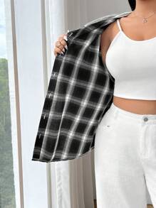 SHEIN EZwear Plus Size Women's Casual Plaid Splice Design Loose Hooded Shacket For Fall & Winter - Multicolor - View 7