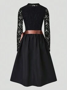 Fairmaia Women's Round Neck Long Sleeve Lace Top Blouse & Dirndl Dress & Detachable Apron, 3pcs Dirndl Sets, For Oktoberfest, Halloween - Multicolor - View 2