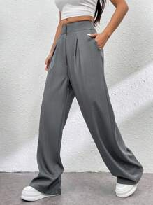 SHEIN Essnce Pantalón casual de pierna ancha de cintura alta, verano, para mujer - Gris Oscuro - Ver 4