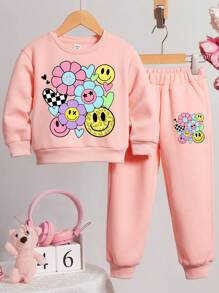SHEIN Girls Stylish Print Set, Young Girl Casual Smile Face, Black White Checkerboard, Leopard, Floral, Heart Pattern Round Neck Long Sleeve Sweatshirt Two-Piece Suitable For Autumn/Winter