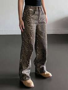 DAZY Fashionable Leopard Print Straight-Leg Jeans - Brown - View 5