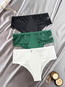 3pcs/Pack Women Solid Color Contrast Lace Briefs - Multicolor - View 5