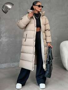 EURMUSE Zip Up Hooded Long Puffer Coat - Beige - View 4