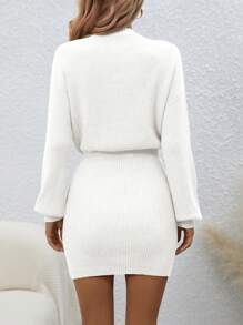 Đầm len dệt kim cổ tròn tay dài màu trơn đơn giản thanh lịch thường ngày cho nữ - trắng - Xem 2