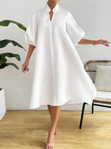 Breezaya Elegant And Charming Lantern Sleeve V-Neck Dress For Holiday Party Clothes Maxi Satin Women Outfit - White - View 4