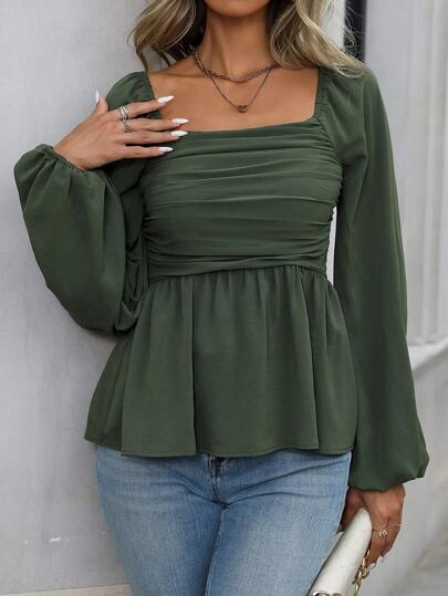 EMERY ROSE Women's Solid Color Simple Crew Neck Long Sleeve Blouse Peplum Top Fall Cloth For Women