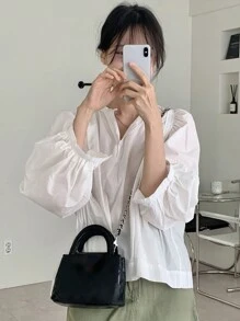 DAZY 女士纯色简约纽扣长袖衬衫 - 白色 - 查看 2