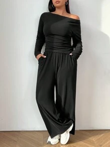SHEIN EZwear 女士黑色长袖T恤和长裤两件套加大码针织套装 - 黑色 - 查看 1
