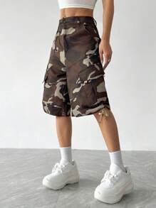 SHEIN Unity Quần short công sở mùa hè ống rộng in ngụy trang - Nhiều màu - Xem 4