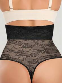Prenda moldeadora de unicolor con parche de encaje simple para mujeres de talla grande - Negro - Ver 2