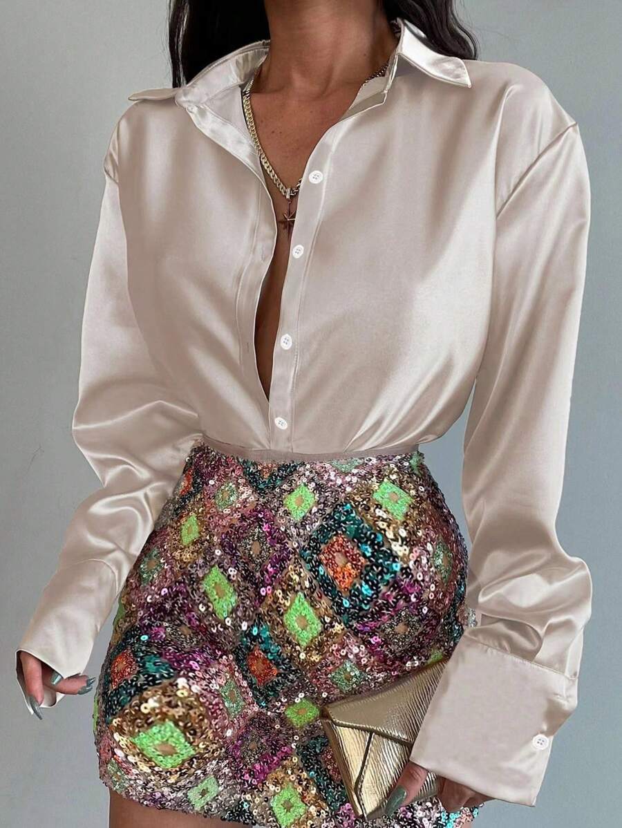 SHEIN Unity 大码女式春夏纯色宽松长袖优雅衬衫 - 巧克力棕 - 查看 1