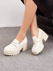 CUCCOO BIZCHIC Zapatos de mujer de suela gruesa minimalistas blancos PU tipo mocasín con cuña, para vacaciones de verano, en de verano, elegantes básicos, casuales de negocios, y sofisticados de negocios
