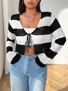 SHEIN EZwear Cardigan de punto a rayas negras y blancas con lazo delantero de manga larga, talla grande, para uso casual