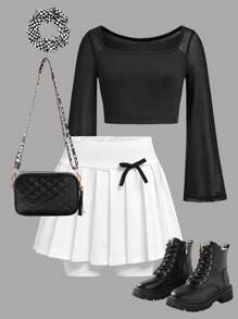 SHEIN Girlism Tween Girl's Sports Long Sleeve T-Shirt & Pleated Sports Skirt Set - Black and White - View 1