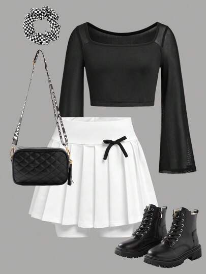 SHEIN Girlism Tween Girl's Sports Long Sleeve T-Shirt & Pleated Sports Skirt Set