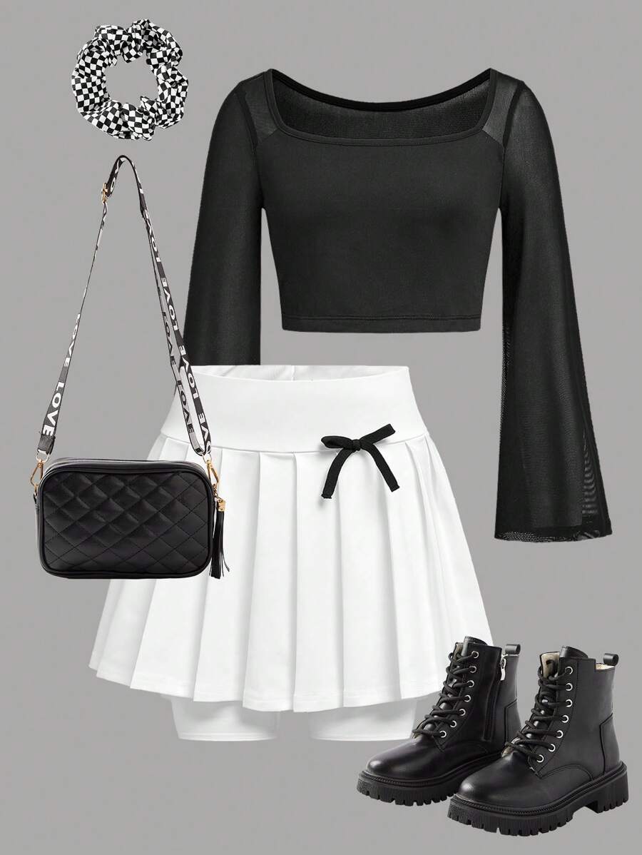 SHEIN Girlism Tween Girl's Sports Long Sleeve T-Shirt & Pleated Sports Skirt Set - Black and White - View 1