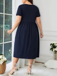 SHEIN CURVE+ Plus Size Hidden Pocket Bow Side A-Line Dress - Navy Blue - View 2