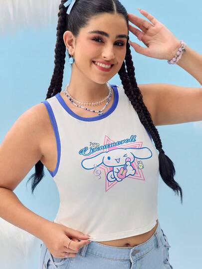 HELLO KITTY AND FRIENDS | SHEIN Plus Size Casual Cartoon Cinnamoroll & Letter Print Ringer Tank Top, Summer
