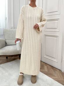 EURMUSE Women Cable Knitting Maxi Sweater Dress - Beige - View 8