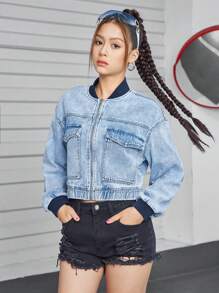 Teenage Girls' Casual Distressed Denim Jacket With Ribbed Splice Design, New Fashion Jean Coat - Medium Wash - View 5