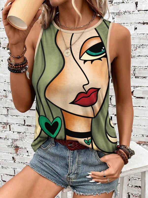 EMERY ROSE Face Print Fitted Sleeveless T-Shirt Tank Top For Women,Casual