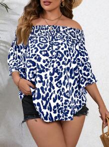 SHEIN Clasi Damen Bluse in Große Größen mit Leoparden Muster und Carmen-Ausschnitt - Blau - Übersicht 1