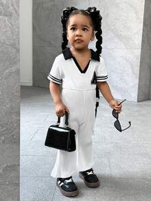 SHEIN 嬰兒女童休閒時尚簡單字母印花連身衣（附標籤），V領領口 - 白色 - 查看 6