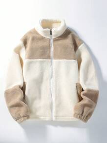 Manfinity EZcore 男士拼色毛绒领口袋冬季夹克，外出保暖夹克长袖休闲拼色夹克，适合朋友、丈夫、男朋友的礼物，适合秋季 - 杏色 - 查看 1