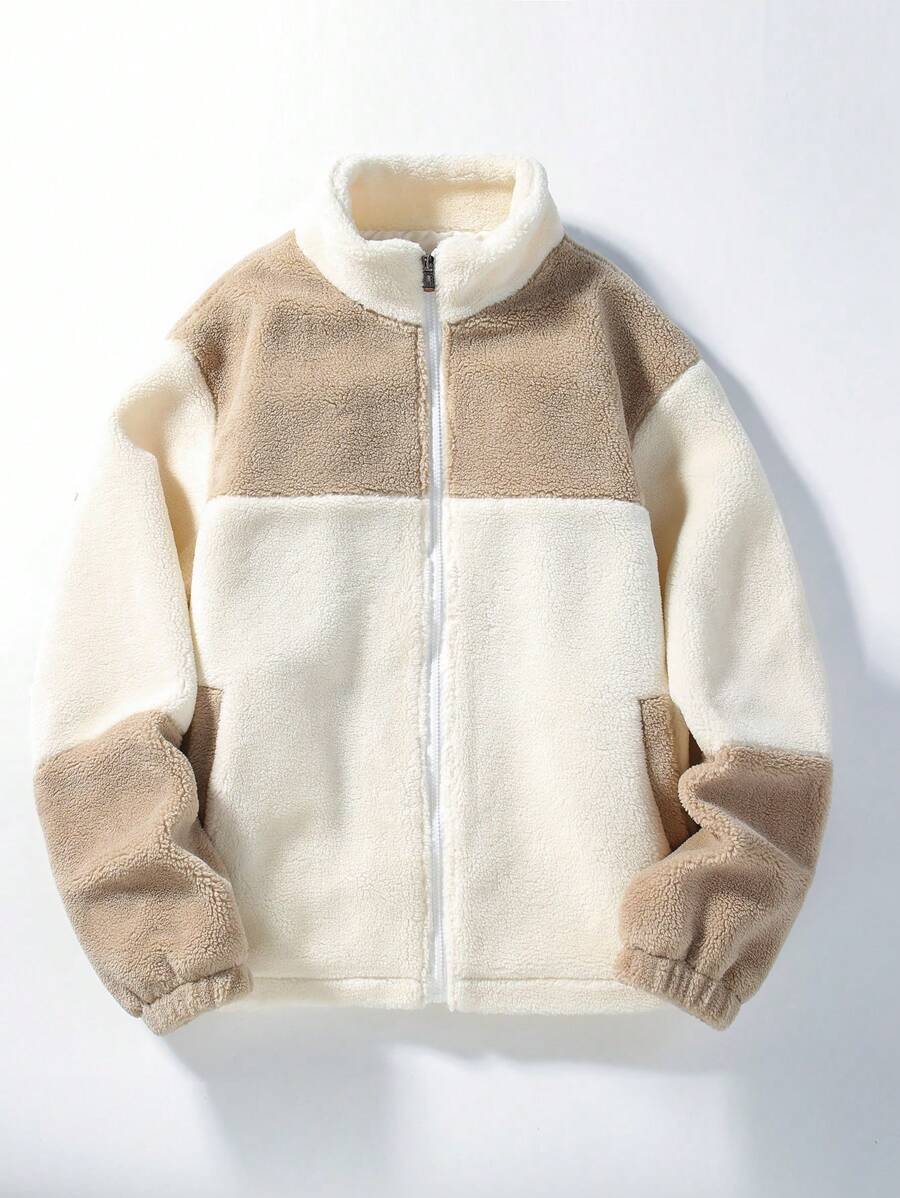 Manfinity EZcore 男士拼色毛绒领口袋冬季夹克，外出保暖夹克长袖休闲拼色夹克，适合朋友、丈夫、男朋友的礼物，适合秋季 - 杏色 - 查看 1