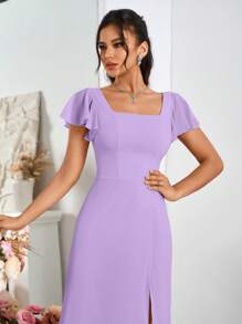 SHEIN Belle Vestido feminino maxi com fenda e decote quadrado sem costas para dama de honra - Roxa - Ver 4