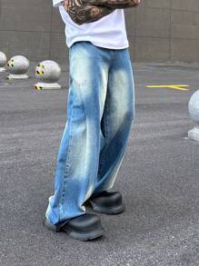 Manfinity Roghcode Y2K 复古街头风格男士深蓝色复古水洗牛仔裤，带污渍和破旧外观，宽腿宽松牛仔裤