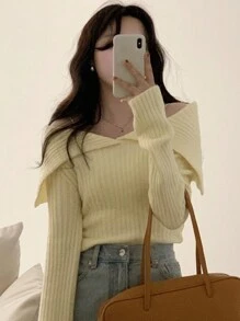 DAZY Women Off Shoulder Solid Minimalist Casual Sweater Off Shoulder Sweater,Fall Women Clothes Cute Tops - Yellow - View 3