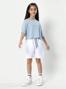 SUMWON Tween Girl 字母图案贴片短款 T 恤 - 藍色 - 查看 4
