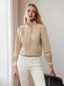 MOTF PREMIUM LACE INSERT FRILL MOCK NECK SHIRT