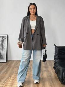 Flirla Plus Size Double-Breasted Grey Striped Print Long Sleeve Loose Blazer Graduation,Back To School,Teacher Outfits For Women - Grey - View 6