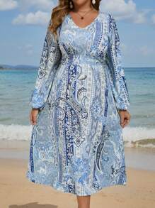 SHEIN VCAY 秋季女士大码 V 领长袖花卉印花连衣裙 - 彩色 - 查看 6