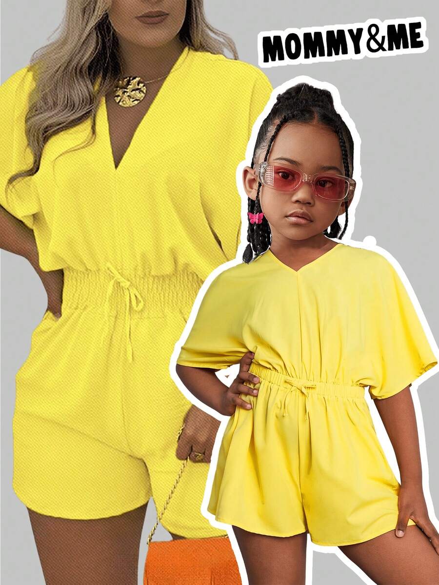 SHEIN Casual V Neck Batwing Sleeve Short Sleeve Yellow Young Girl Romper - Yellow - View 1