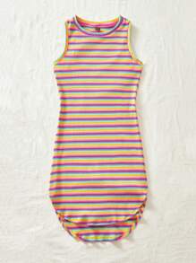 SHEIN VCAY Vacation Knitted Colorful Striped Open Shoulder Women's Dress - Multicolor - View 3