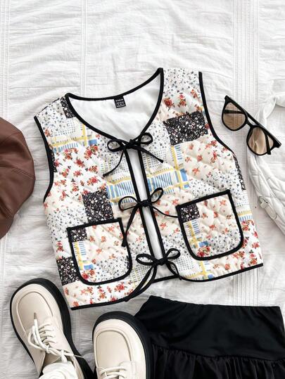 Soleia Vacation Women's Early Autumn Pastoral Colorful Printed Quilted Placket Color Block Front Tie Bow Sleeveless Cropped Fun Jacket, Fall, Thanksgiving, Brunch, Back-To-School