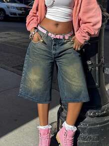 Y2K 复古水洗斜插口袋猫须喇叭百慕大牛仔裤，及膝牛仔短裤，休闲七分裤