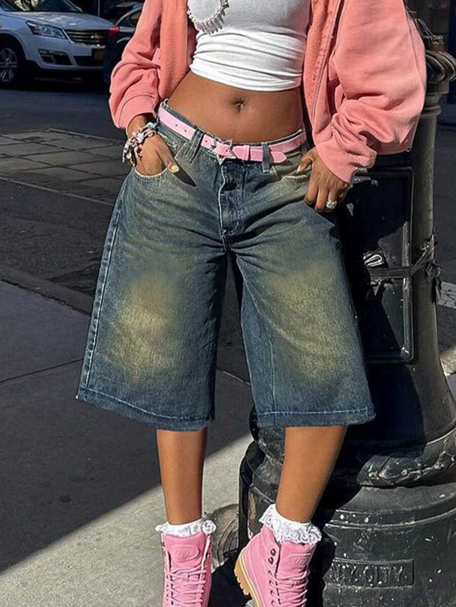 Y2K 复古水洗斜插口袋猫须喇叭百慕大牛仔裤，及膝牛仔短裤，休闲七分裤