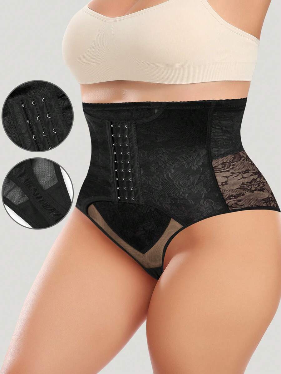 Prenda moldeadora de unicolor con parche de encaje simple para mujeres de talla grande - Negro - Ver 1