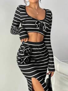Chiquease 2 peças/Conjunto Top Feminina Floral 3D Sem Mangas de Cor Sólida - Preto - Visão 6