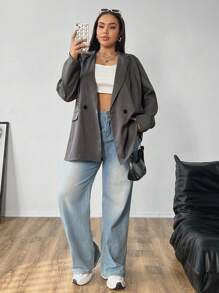 Flirla Plus Size Double-Breasted Grey Striped Print Long Sleeve Loose Blazer Graduation,Back To School,Teacher Outfits For Women - Grey - View 4