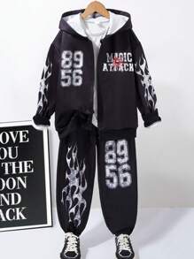 SHEIN 2pcs Tween Boys Letter Print Hoodie Sweatshirt And Pants Set - Black - View 1