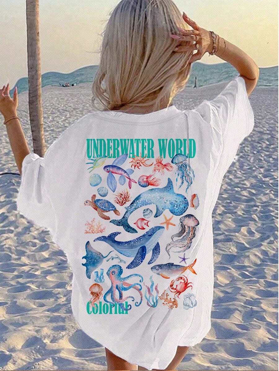 Teen Girls' Casual Vacation Whale, Seashell & Star Letter Print Short Sleeve T-Shirt - White - View 1
