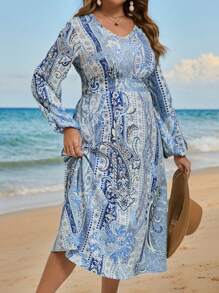 SHEIN VCAY 秋季女士大码 V 领长袖花卉印花连衣裙 - 彩色 - 查看 4