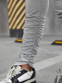 SHEIN Tween Girls' Fashion Streetwear Solid Color Fitted Crewneck Tee And Long Pants Set - Light Grey - View 3